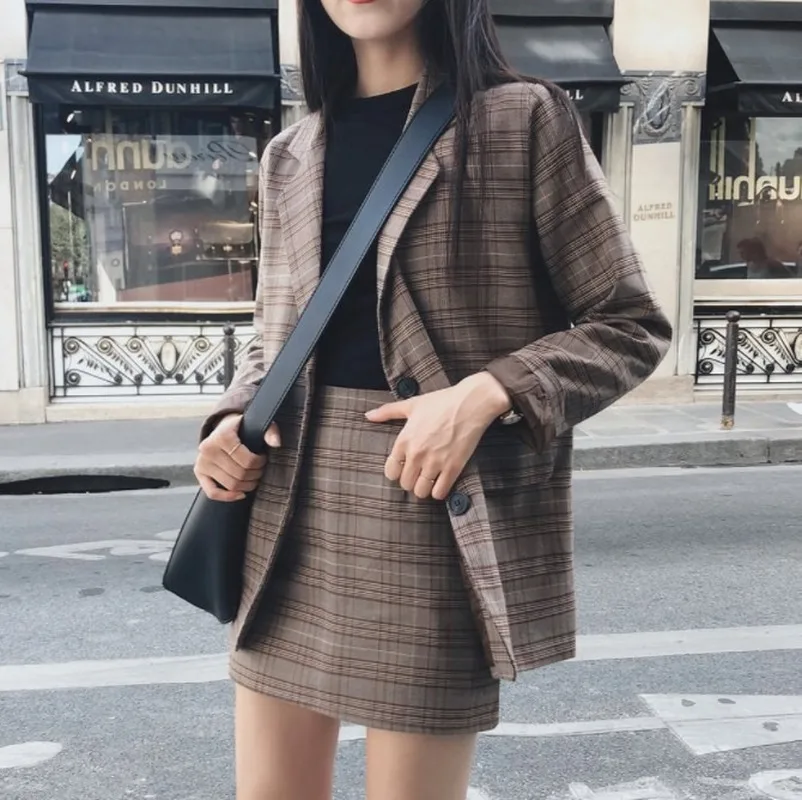 

2020 hot new product autumn and winter suit small suit jacket fashion retro check all-match suit skirt suit latest simple