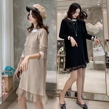 

Maternity dress autumn dress long paragraph loose bottom skirt winter thick knit sweater skirt lace stitching can feed sweater