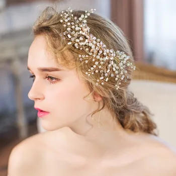 

NPASON Wedding Pearls Hair Jewelry Gold Flower Bridal Hair Clip Comb Vintage Women Headpiece Accessories