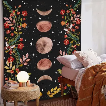

Moon Phase Tapestry Wall Hanging Retro Black Flower Tapestry Home Decoration Background Cloth Bedroom Wall Covering