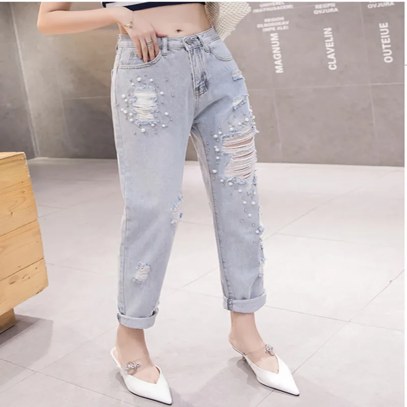 jeans woman high waist Ripped pearled Slim Denim Pants Boyfriend Jeans Trousers Ladies Womens Daily Casual Jean Pant | Женская одежда