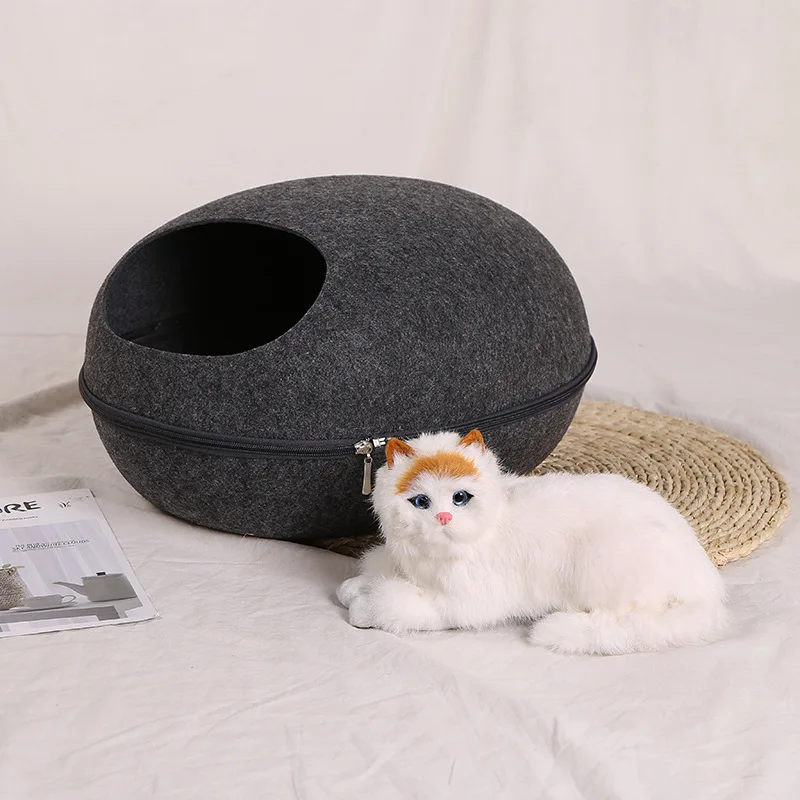 balck Egg Shape Dog Cat Bed Cat Sleeping Bag Zipper Felt Cloth Winter Warm Pet House All Around Cat Nest With Detachable Cushion Mat - Цвет: balck