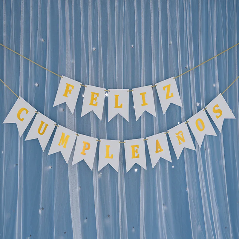 С днем рождения бумаги Гирлянда испанский язык баннеры флаги с днем рождения Декор поставка детский душ украшения принадлежности - Цвет: White 1