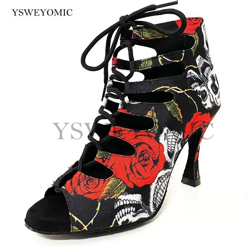 Zapatos de baile latino de Salsa para mujer, calavera de Halloween
