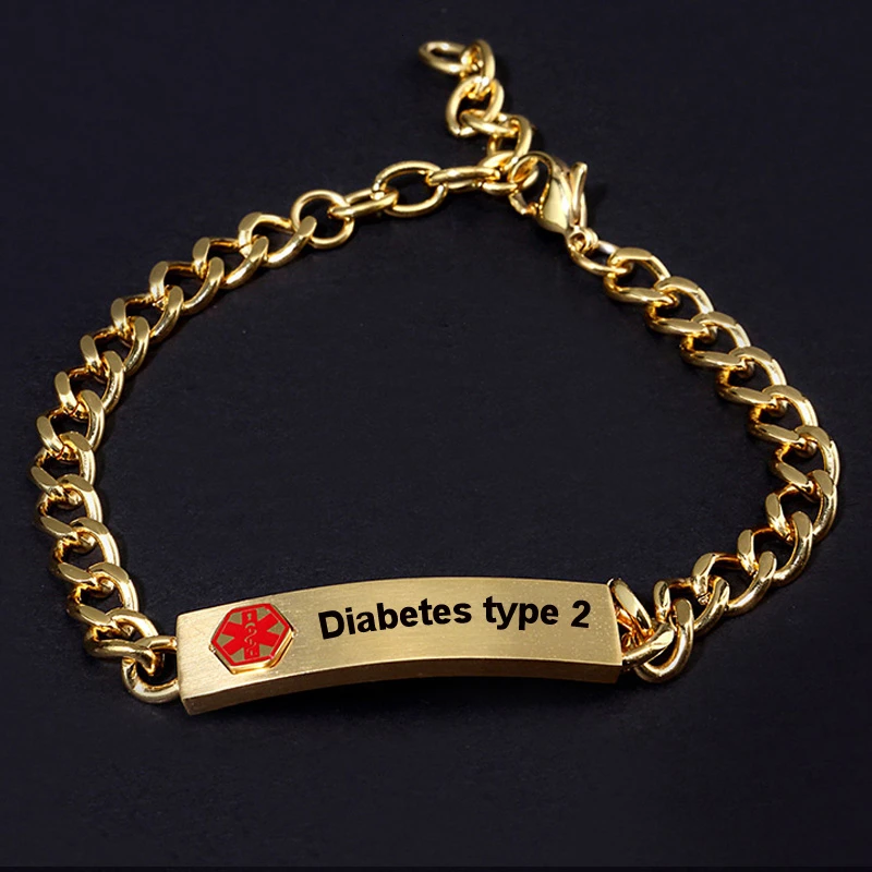 Мужские браслеты с золотыми цепочками для диабета 2 типа, персонализированные ID браслеты, гравировка от 7,5 до 9,25 дюймов