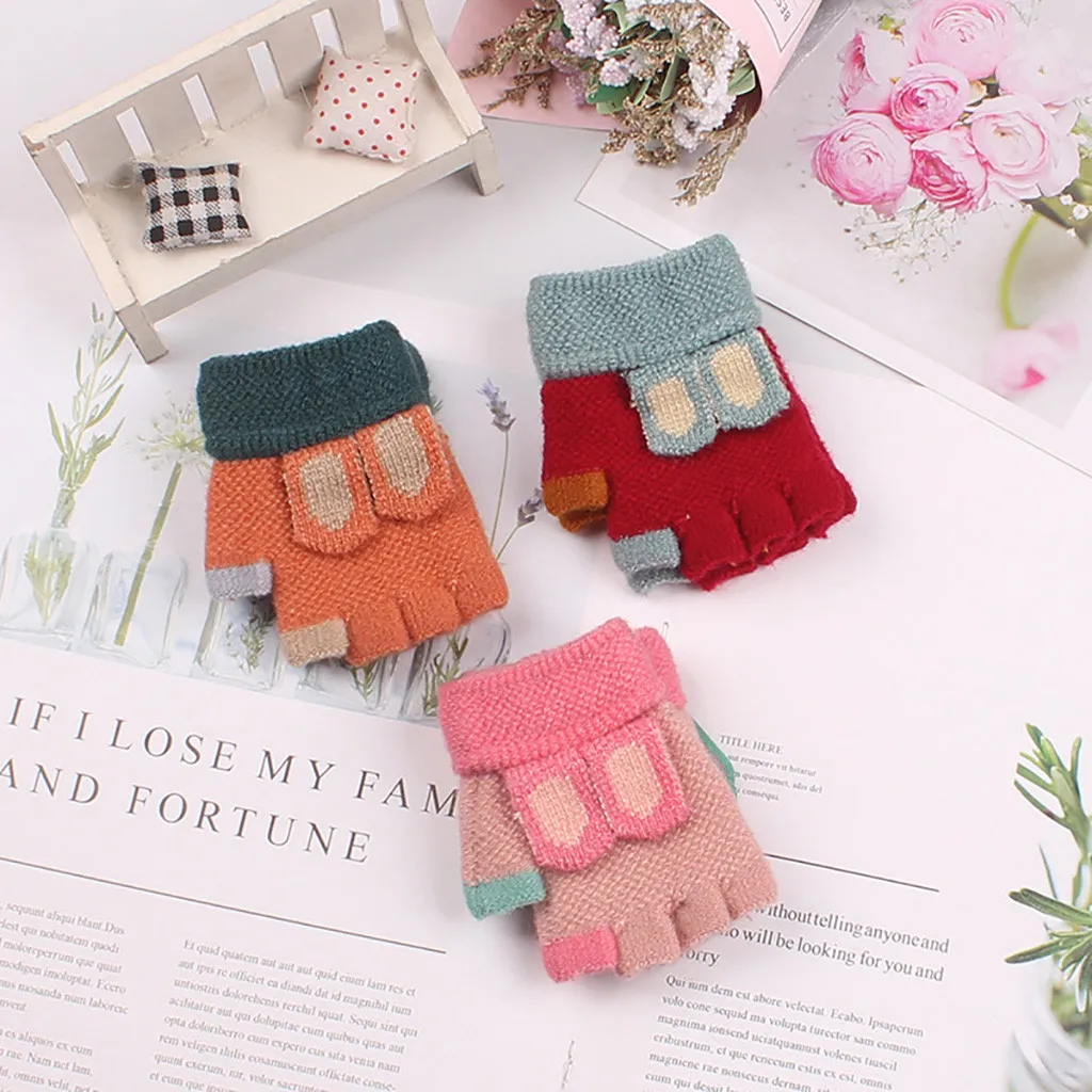 Winter Children's Half Finger Cartoon Warm Knit Gloves Children's Gloves Furring Knitted Glove Fashion Patchwork Cute Ski Gloves