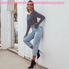 

Women's jeans fashion retro high waist ripped hole washed dermabrasion ankle jeans free and easy free shipping Women's pants