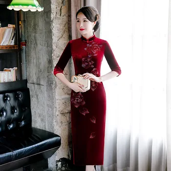

Sexy Women Red Chinese Evening Party Dress Velour Elegant Slim Rhinestone High Split Qipao Cheongsam Winter New Velvet Vestidos