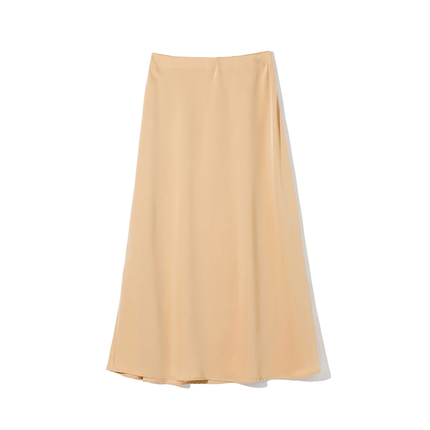 Kukombo Elegant High Waist Satin Silk Skirt Women Spring Solid Slim A-