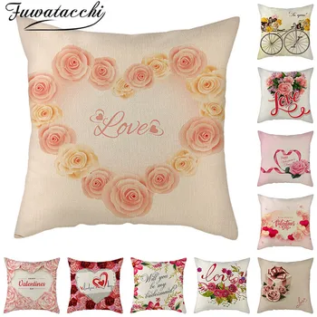 

Fuwatacchi Pink Rose Pillow Cover Heart-shaped Linen Cushion Cover for Home Sofa Car Decorative Pillowcase Couple Gift 45x45cm