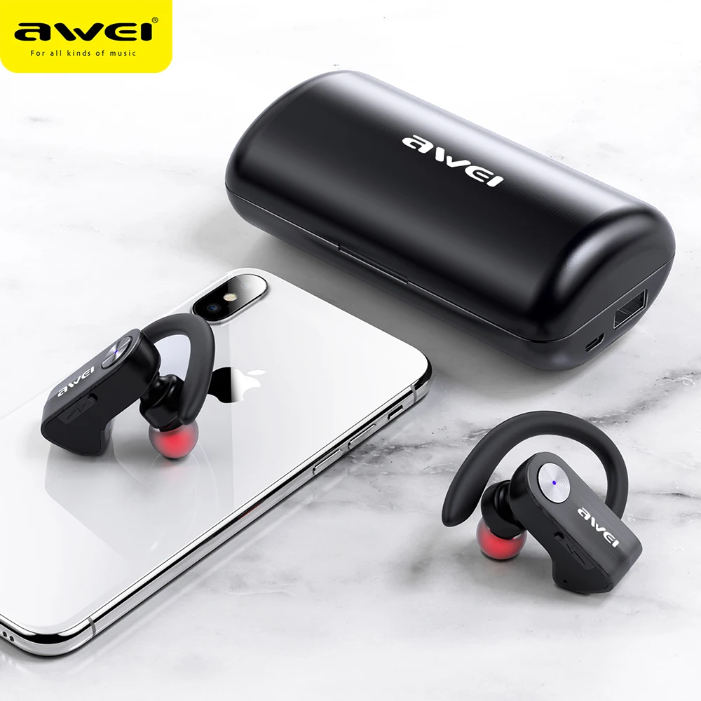 Awei T22 Ear Hook Bluetooth Earphones 1500mAh Charging Case Earbuds Outdoor TWS Headphone for Phone
