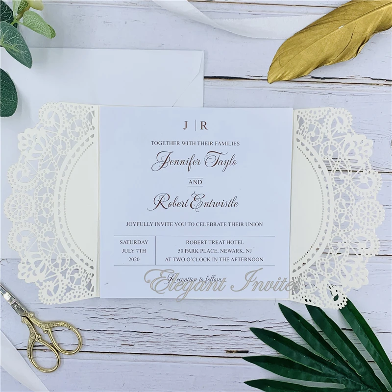 Ivory Laser Cut Wedding Invitation Elegant Invitation Cards Shiny Wedding Invite With Envelopes and Ribbon