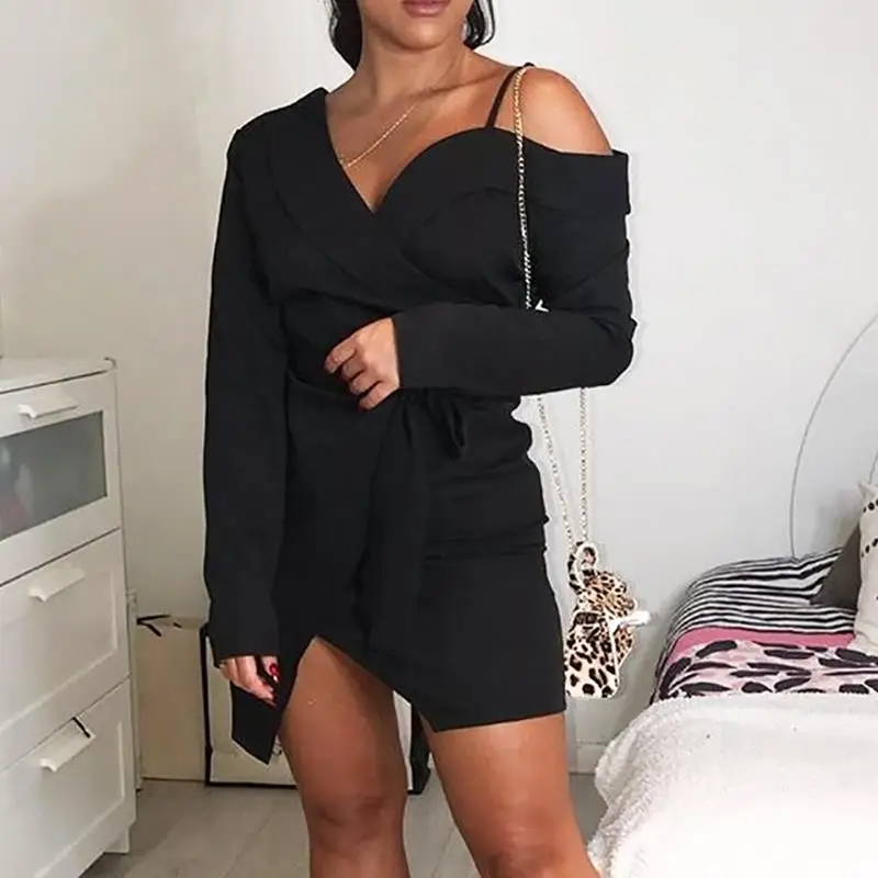 Для женщин Bodycon пикантные офисные вечерние, для ночного клуба, твердые обтягивающее мини-платье элегантное платье с открытыми плечами, платье с v-образным вырезом, Femme
