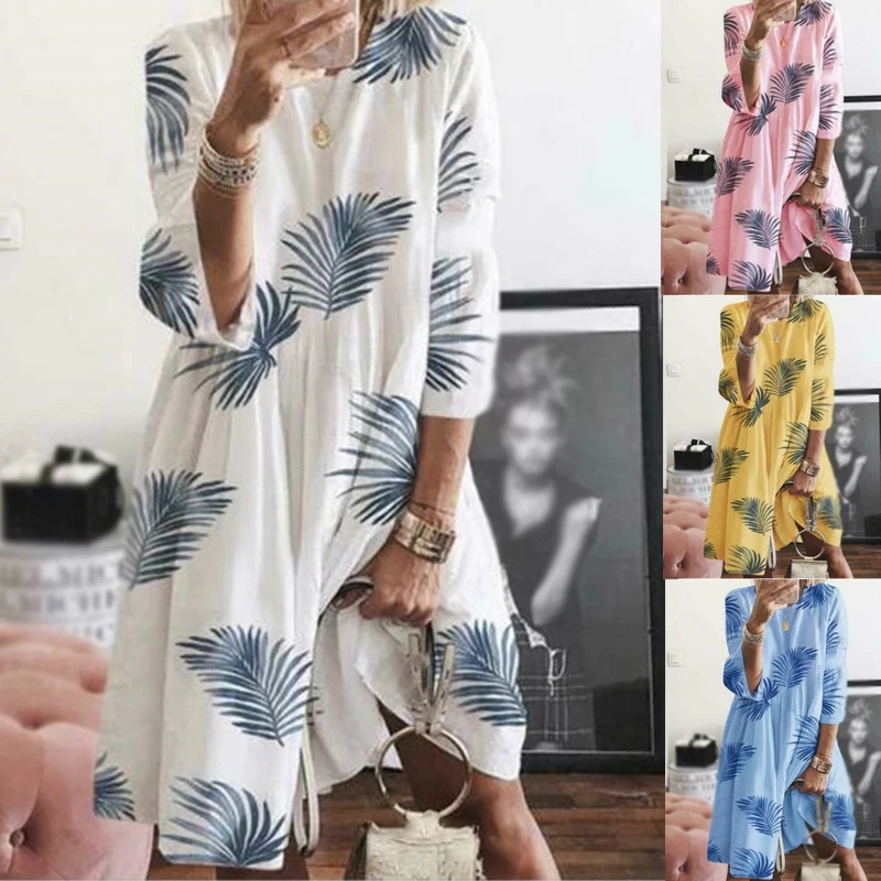 Женское платье с круглым вырезом и длинным рукавом, Boho, праздничное осеннее платье до колена, вечернее платье свободного кроя