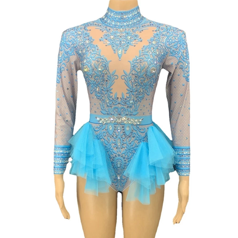 Women Costume Set Rhinestones Bodysuit Long Sleeve Birthday Party Outfit Dance Costume