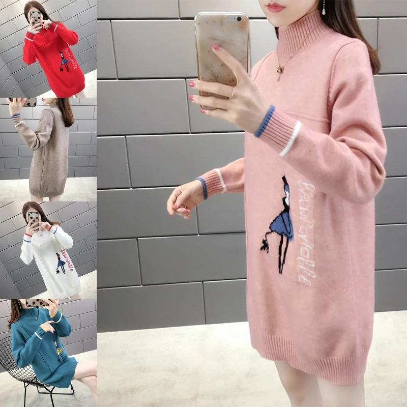

Women Long Sleeves Half Turtleneck Knitted Sweater Mid-length Loose Pullover