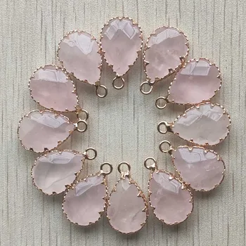 

wholesale 12pcs/lot natural pink quartz stone section water drop shape gold color Connector pendants for jewelry making free