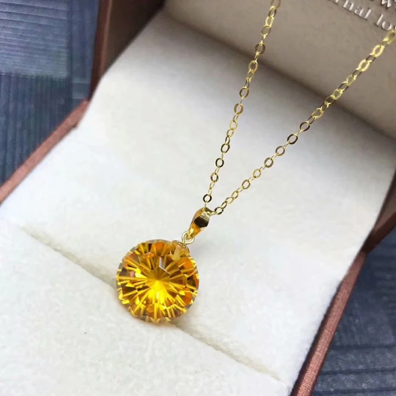 Shilovem 18k желтое золото цитрин Подвеска с черным коженным ремешком женские вечерние новые классические круглые, в подарок Нет ожерелье 12*12 мм mymz1212666j