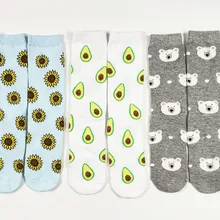 3 пары женских носков с подсолнухом+ авокадо+ медведем, американский размер 5-8, европейский размер 35-38(тонкий материал
