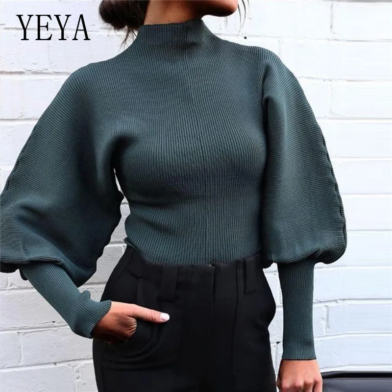 

YEYA Autumn Long Sleeve Casual Sweaters Winter Elegant Solid Ribbed Knitting Turtleneck Women Pullover Top Basic Wild Clothes