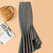 Размера плюс 4XL! Нерегулярные рыбий хвост юбка с высокой талией для женщин зимняя Обтягивающая одежда чистого цвета на один шаг шерстяная юбка TB3781