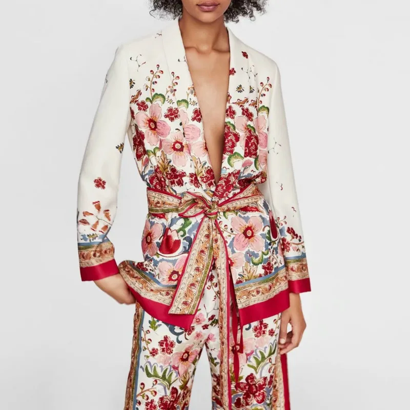 Women's Suit Female 2022 Retro Style Flower Pattern Blazer European-style Casual Holiday Jacket + Pants Suits Pajamas fashion women belt retro floral pattern flower design arabesque pattern golden floral popular element girdle women gift