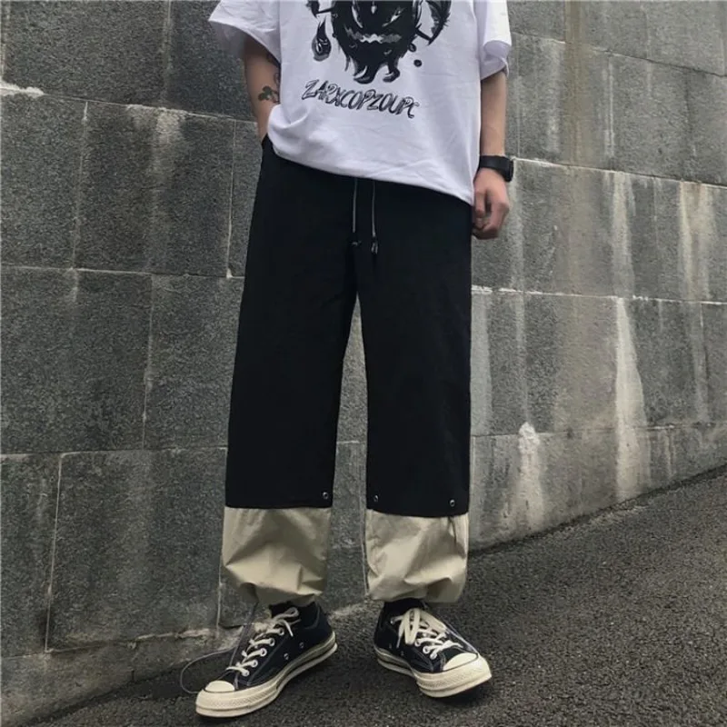 

Spring Drawstring Straight Pants Men's Fashion Contrast Color Casual Pants Men Streetwear Wild Loose Hip Hop Trousers Mens
