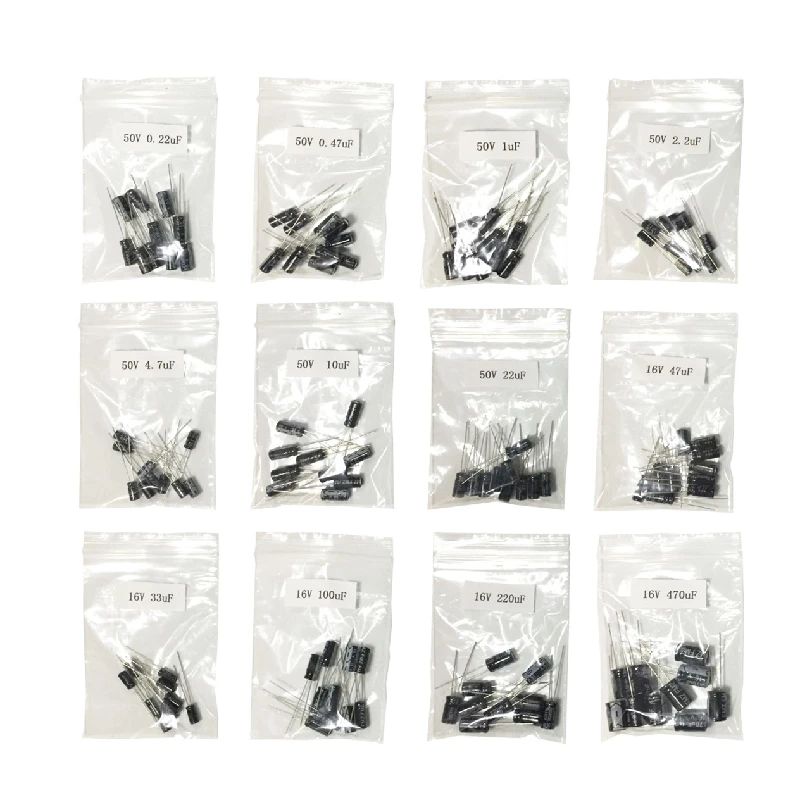 120pcs 12 values 0.22UF-470UF Aluminum electrolytic capacitor assortment kit set pack 1UF 2.2UF 4.7UF 10UF 50V electrolytic capacitor aluminum capacitor aluminum electrolytic capacitor