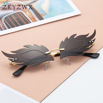 

ZKYZWX Fashion Fire Flame Sunglasses for Women Vintage Small Rimless Sunglasses Leaf Design Luxury Shades Trendy Street Glasses