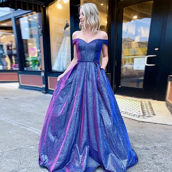 

2020 New Arrival Galaxy Purple Shining Sequined Off Shoulder Lace Up A Line Floor Length Evening Dress