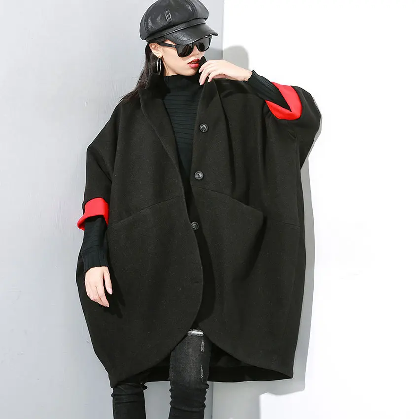 Женская свободная Длинная шерстяная куртка с рукавами «летучая мышь» и стоячим воротником, верхняя одежда, женская уличная одежда, зимнее шерстяное пальто верхняя одежда, плащ