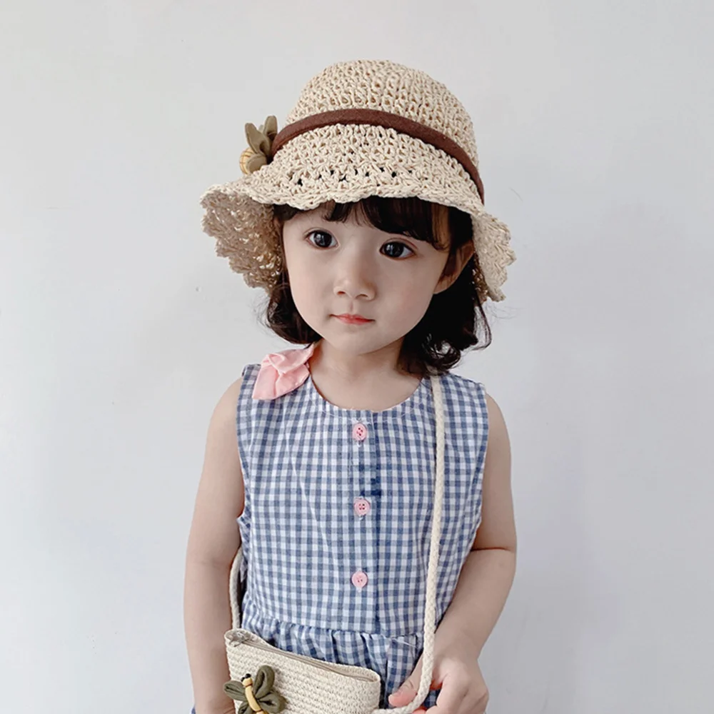 Kid Sun Cap Straw Summer Beach Sun-Resistant Cute Funny Flower Decorative Bucket Hat for Girl (Khaki) | Аксессуары для одежды