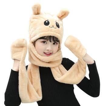 

Children's Winter Hat Thick Warm Coral Velvet Hat+scarf+gloves 3-in-1 Kids Girl's Soft Cute Christmas Cartoon Animals Plush Cap
