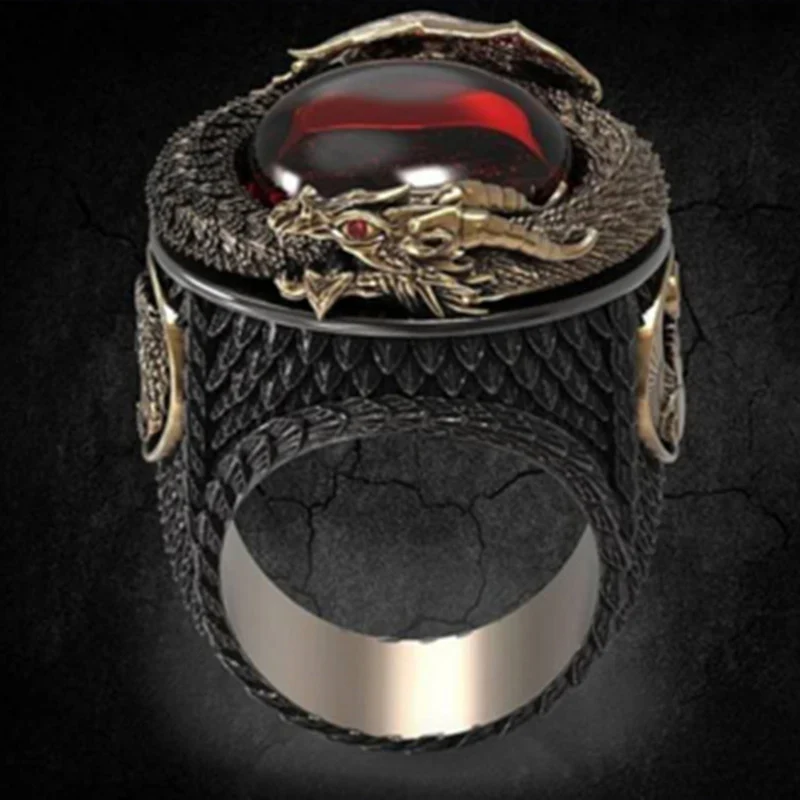 Boho Classic Men Color Oro Dragon Ring Punk Style Red Crystal Biker Rings For Men Male Party Miglior Regalo Hip Hop Fashion Jewelry