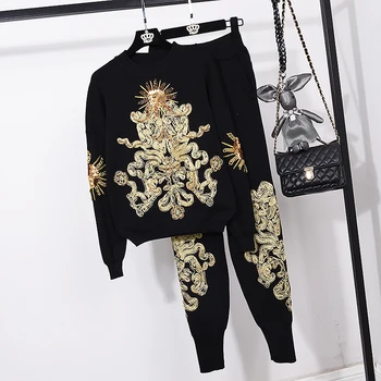 

Fashion Manual Sequin Embroidery Tracksuit Set Women Casual Knitted Pullover Sweater Long Pants 2pc Loose Black Knit Suit Female