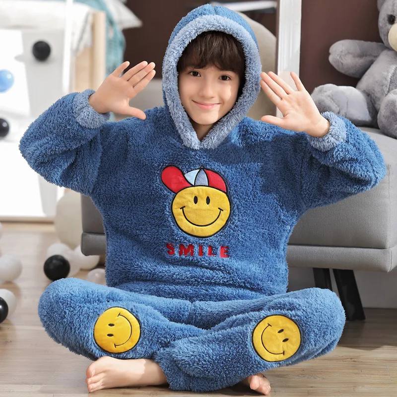 

Boys' Pajama Hooded Long Velvet Winter Big Kid Thick Autumn And Winter Homewear Set Children Coral Velvet Pajamas