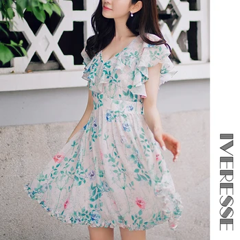 

Summer Boho Chiffon Ruffles Floral Leaves Print Dress Bow Sweet Women Elegant Short Mini Fairy Maiden Beach Club Casual Dress