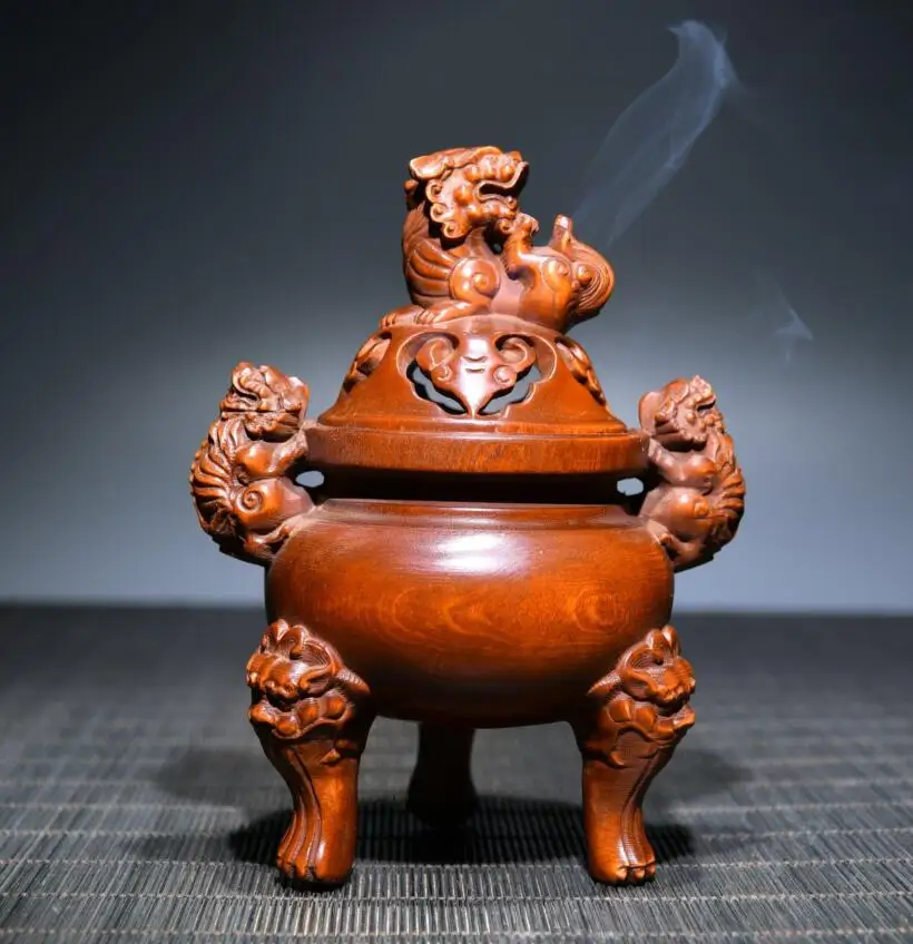 

Archaize seiko Hand-carved boxwood lion lid Incense burner household decoration crafts statue