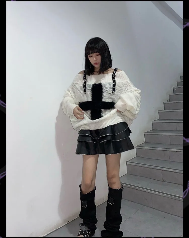 Karrram Harajuku Gothic Knitted Sweaters Punk Girls Cross Off Shoulder Loose Sweater Outwear Autumn Winter Streetwear Emo Grunge