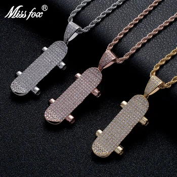 

Missfox Skateboard Pendant 3 Color Men's Hip Hop Necklace Full Lab Diamond Tide Brand Top Quality Copper Metal Necklaces 2019