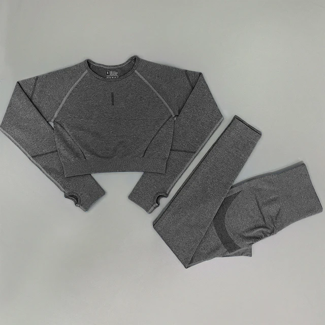 2PCS Seamless Yoga Set Women Tracksuit High Waist Leggings Workout Sportswear Gym Clothing Fitness Crop Top Sports Suits Gym Set ShirtPantsHemp Ash