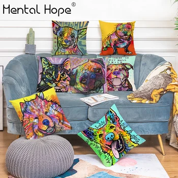 

Cat Printed Linen Cotton Pillow Cover Oil Painting Pattern Square Cushion Cover Home Decor Handmade Throw Pillowcase