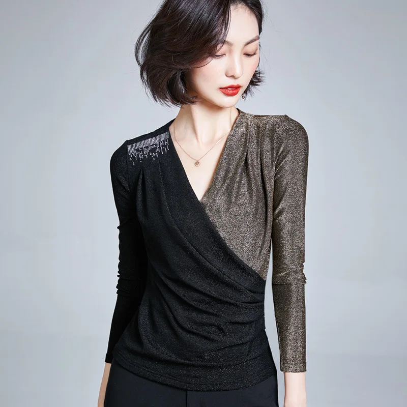 

Base Shirt Women's 2019 New Style Western Style Long Sleeve V-neck Elegant Tops Underwear Low Collar Slim Fit-Style Mixed Colors