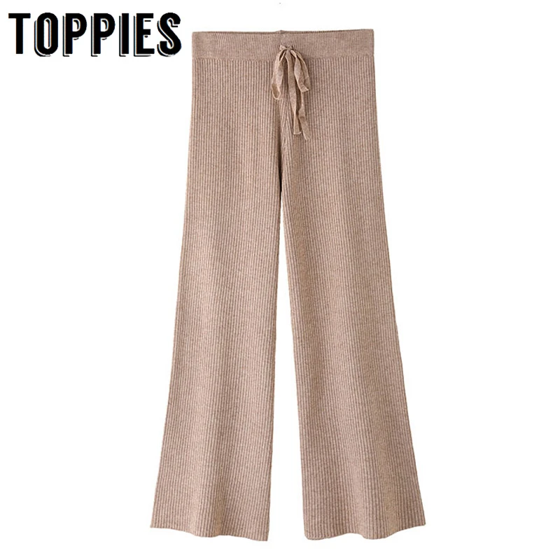 

Knitting Flare Pants Woman Bell Bottoms Pants High Waist Trousers Drawstring Waist Korean Style Streetwear