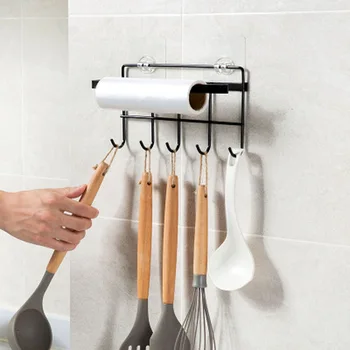 

Creative Kitchen Multi-function Wrought Iron Kitchen Hook Racks Free Punching Towel Wall Mount Bathroom Roll Paper Storage Rack