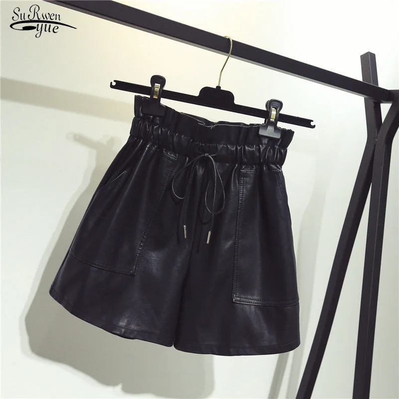 american eagle shorts 2021 New Autumn Winter Black PU Faux Leather Women Shorts Sashes High Waist Wide Leg Shorts Elegant Female Solid Trousers 12242 swimming shorts