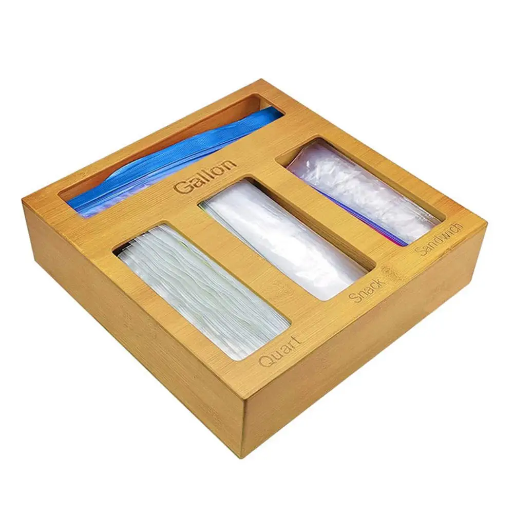 

Bamboo Ziplock Bag Storage Organizer And Dispenser For Kitchen Drawer Suitable For Gallon Sandwich & Snack Variety Size Bag