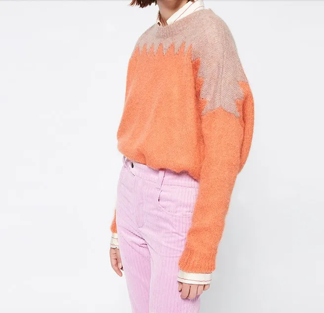 

2019 autumn and winter new geometric pattern color matching round neck pullover women's sweater