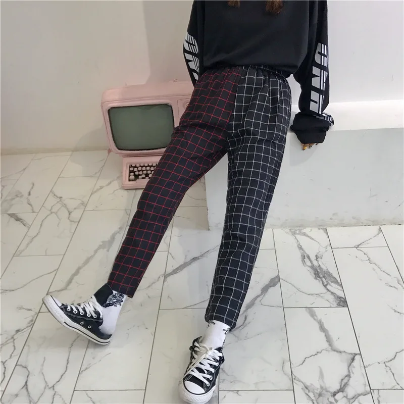 Vintage Paid Patchwork Pants Harajuku Woman Man Pants Elastics Tall Tail Pants Korean Causal Rights Pants