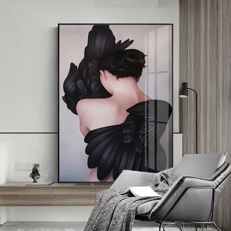 

Black Feather Robe Girl Woman Art Abstract Poster Wall Poster Canvas Print Painting Contemporary Art Decoration Picture Decor